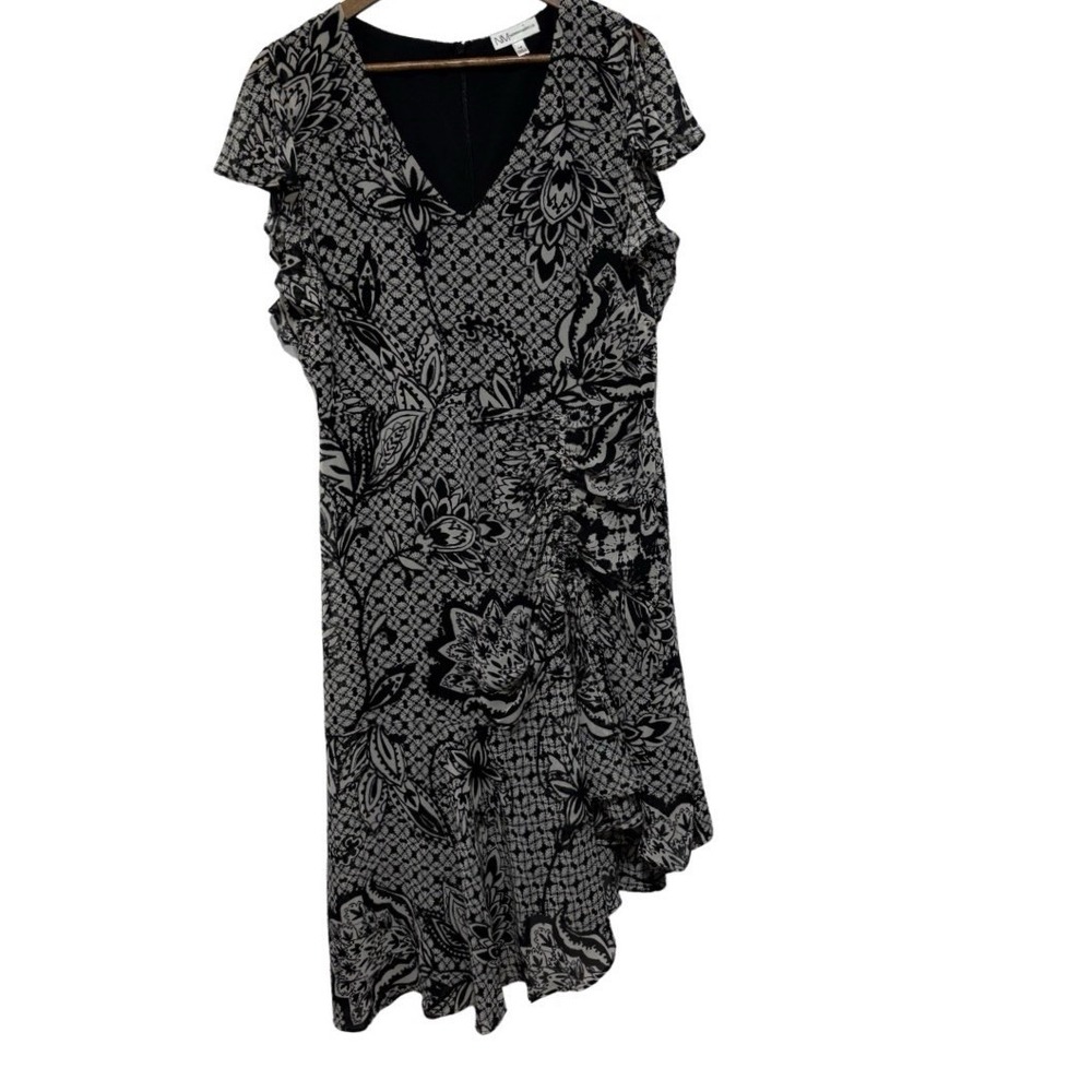 Neiman Marcus Dress Womens 14 Black Retro Floral Flutter Sleeve Asymmetrical
